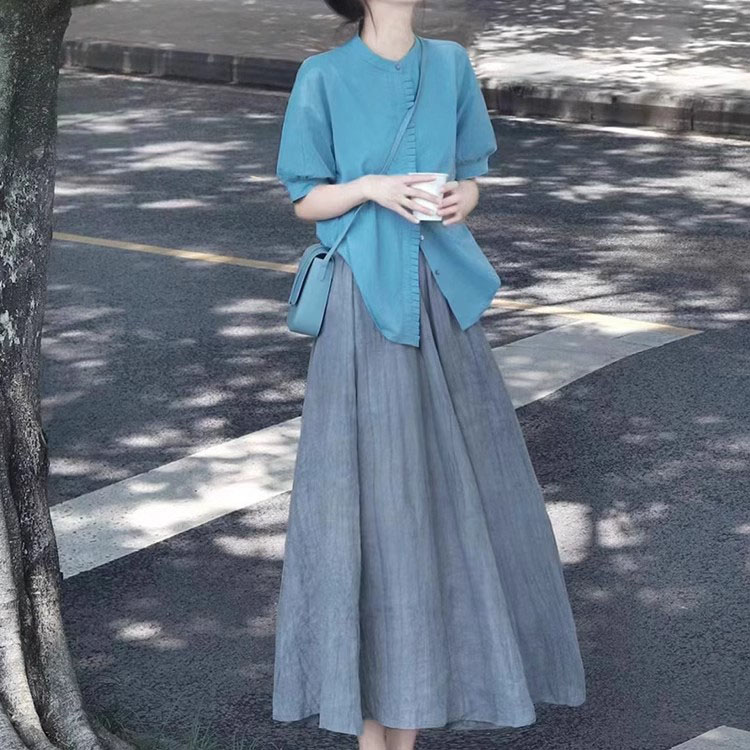 日系復古舒適鹽繫穿搭藍色襯衣+灰色傘裙套裝裙