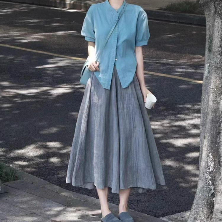 日系復古舒適鹽繫穿搭藍色襯衣+灰色傘裙套裝裙