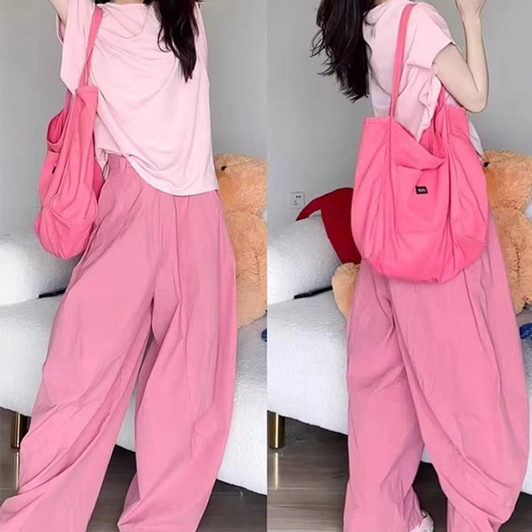 時尚粉紅系減齡寬鬆上衣+闊腿褲套裝