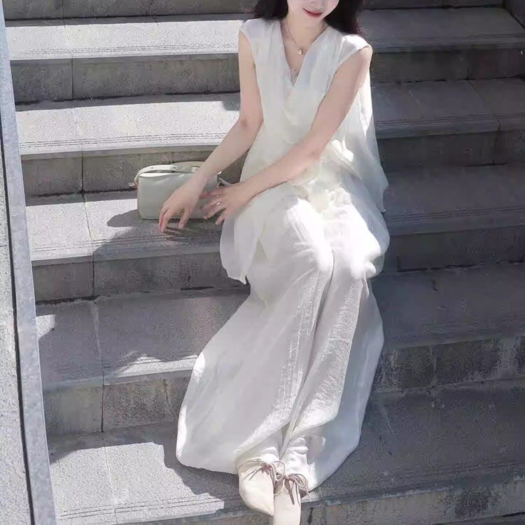 慵懶超仙套裝設計感不規則襯衫+高腰寬裙褲套裝