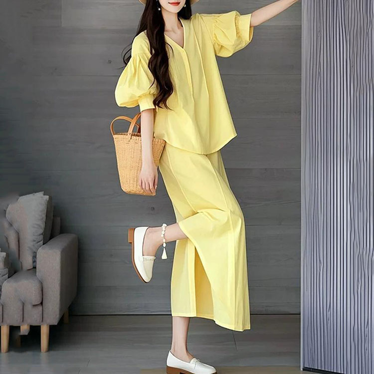 氣質韓系高級感絕美漂亮時尚洋氣黃色泡泡袖襯衫套裝裙