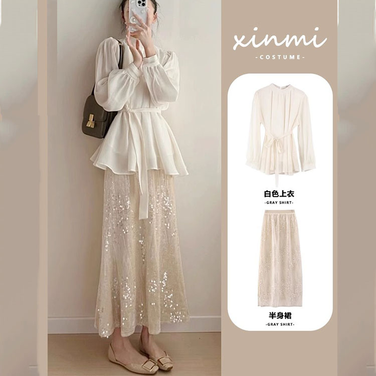 韓繫穿搭一整套時尚鹽繫襯衫+小香風亮片裙子套裝