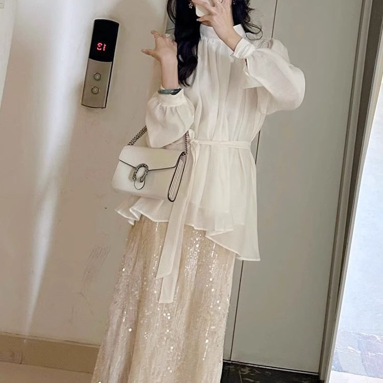 韓繫穿搭一整套時尚鹽繫襯衫+小香風亮片裙子套裝