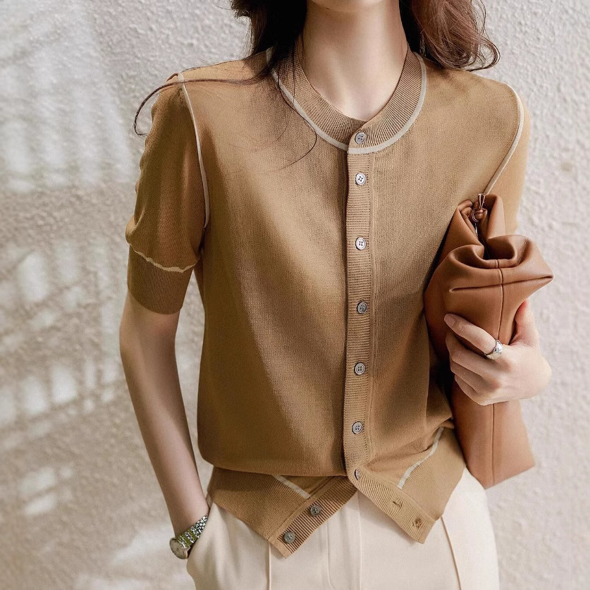 圓領短袖針織開襟衫法式氣質知性顯瘦短袖