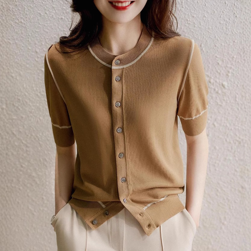 圓領短袖針織開襟衫法式氣質知性顯瘦短袖