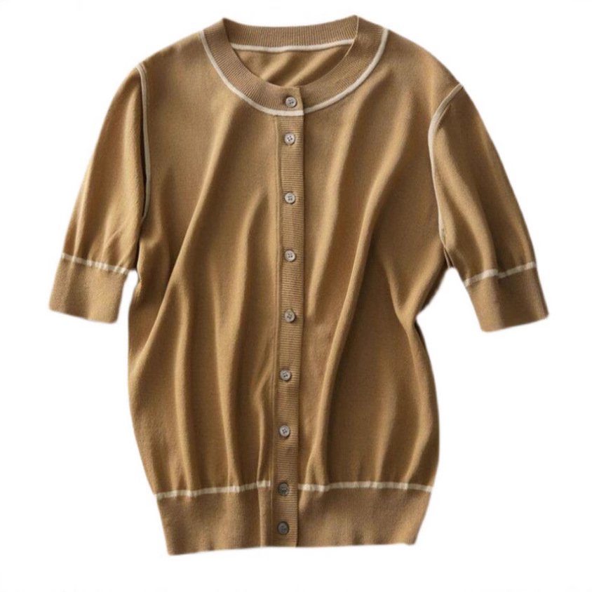 圓領短袖針織開襟衫法式氣質知性顯瘦短袖