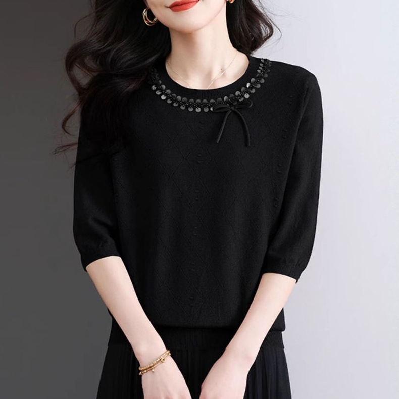 春夏新款寬鬆顯瘦洋氣釘珠七分中袖蝴蝶結上衣