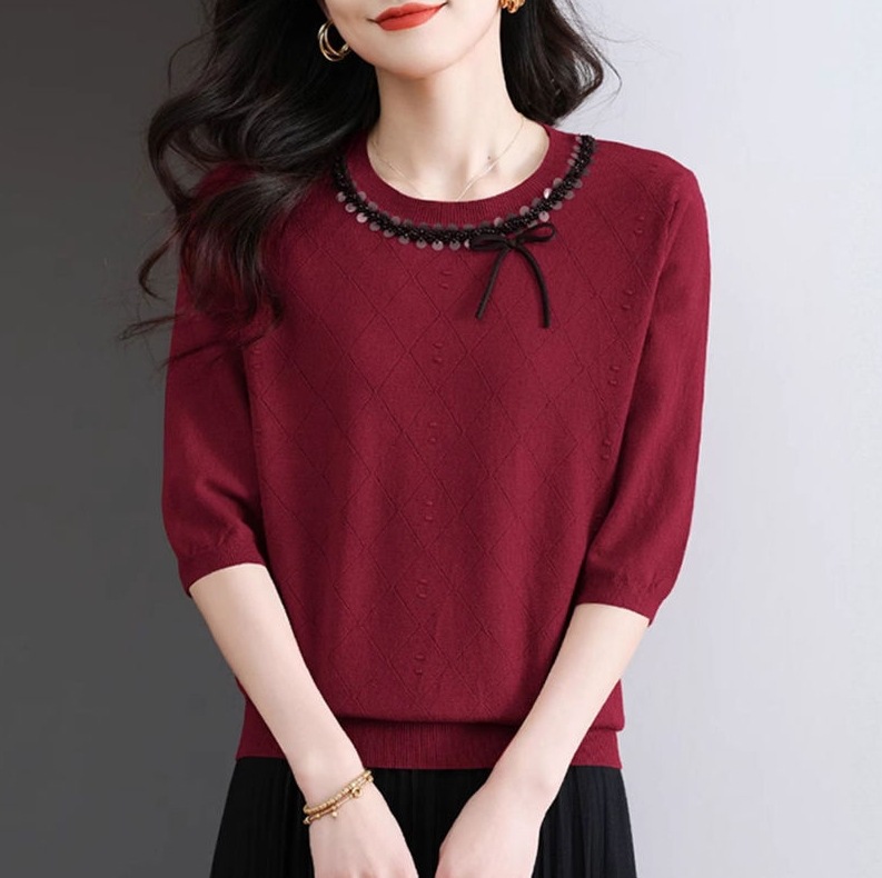 春夏新款寬鬆顯瘦洋氣釘珠七分中袖蝴蝶結上衣