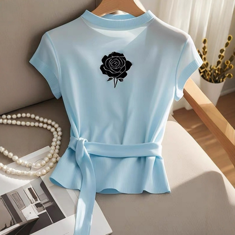 小眾設計感修身玫瑰花刺綉冰絲針織上衣