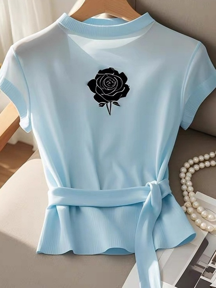小眾設計感修身玫瑰花刺綉冰絲針織上衣