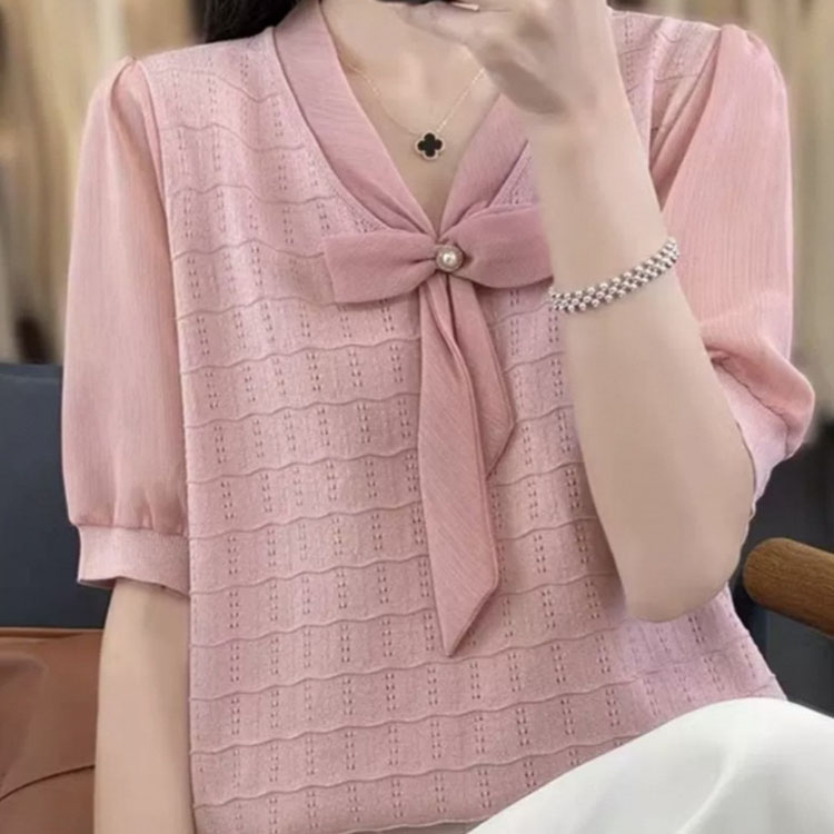 優雅蕾絲上衣薄針織衫洋氣蝴蝶結短袖t卹