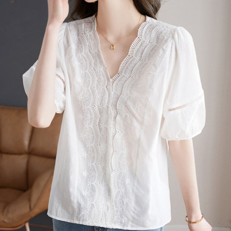 法式V領蕾絲刺繡白色短袖襯衫