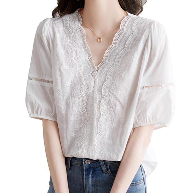 法式V領蕾絲刺繡白色短袖襯衫