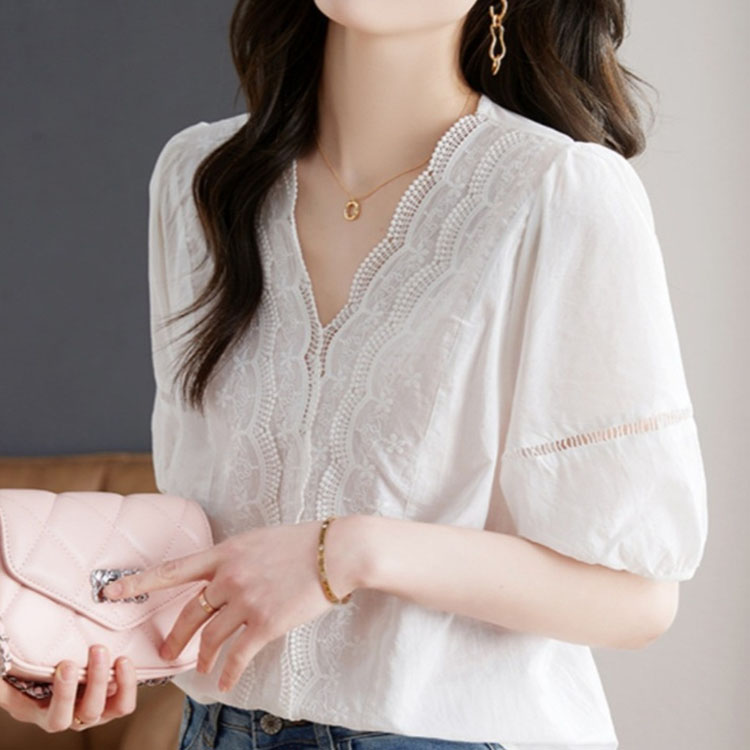 法式V領蕾絲刺繡白色短袖襯衫