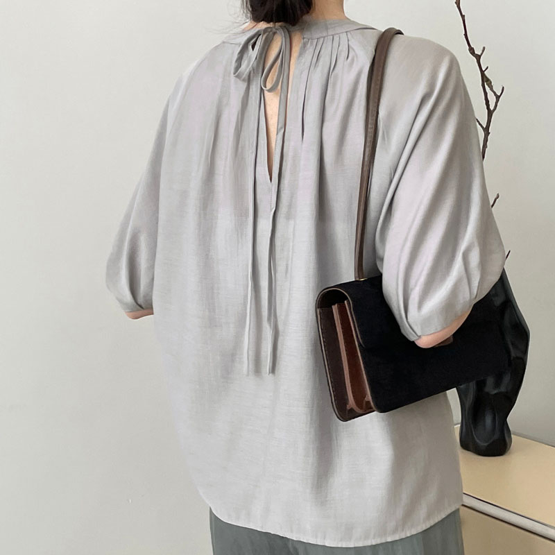 飄逸感微透壓皺褶寬鬆鏤空繫帶上衣防曬襯衫