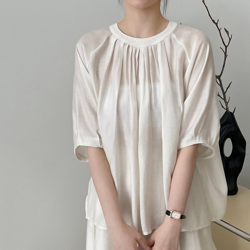 飄逸感微透壓皺褶寬鬆鏤空繫帶上衣防曬襯衫