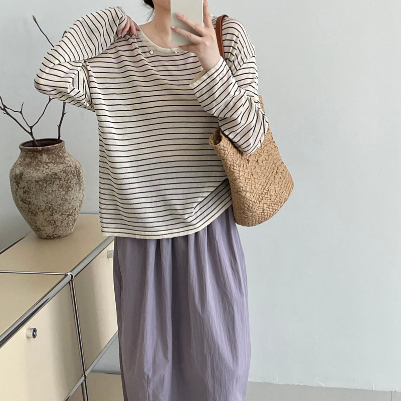 韓國版寬鬆圓領百搭條紋防曬罩衫針織衫