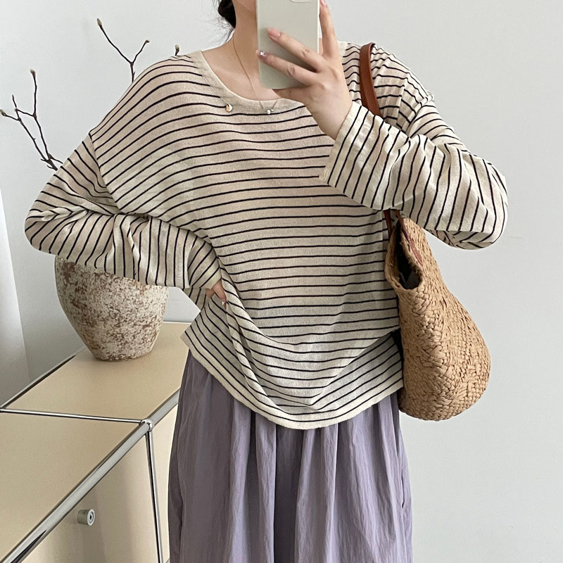 韓國版寬鬆圓領百搭條紋防曬罩衫針織衫