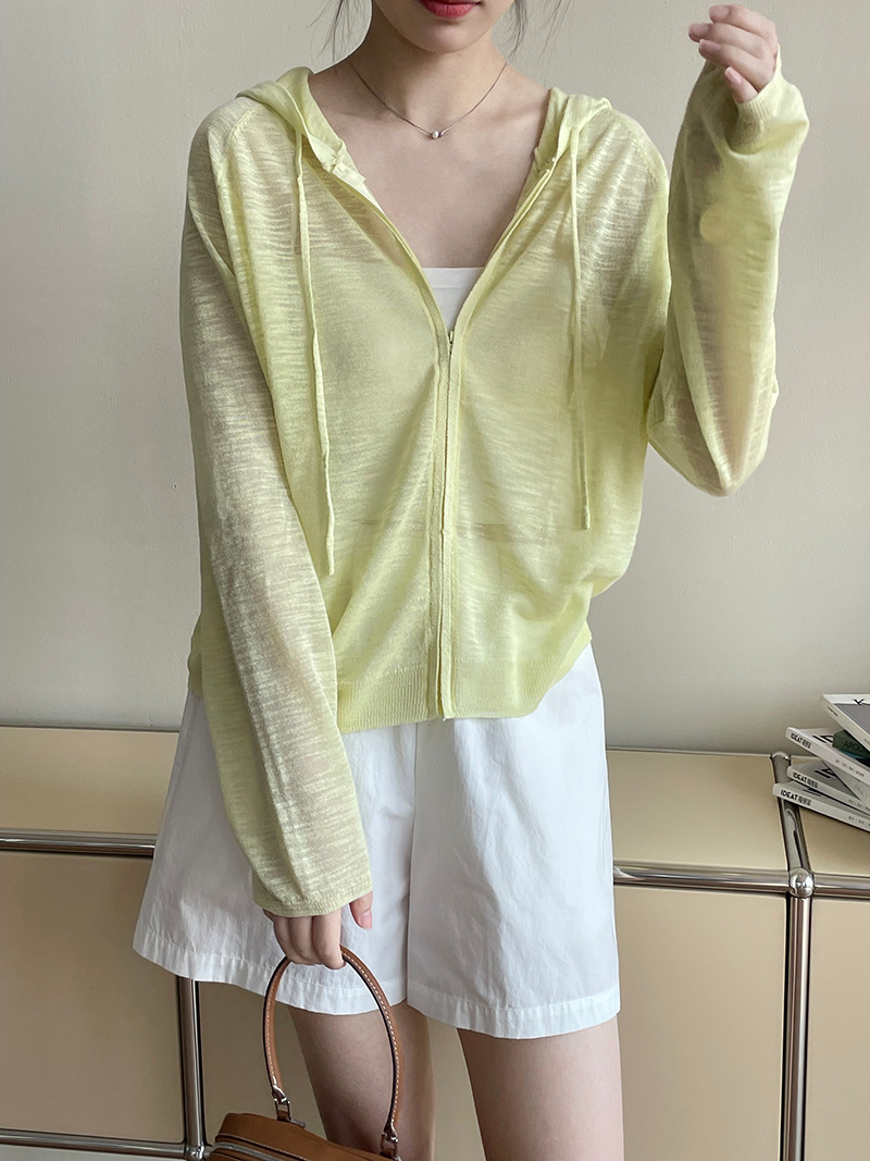 夏季薄款連帽針織開襟衫女慵懶風拉鍊微透防曬上衣