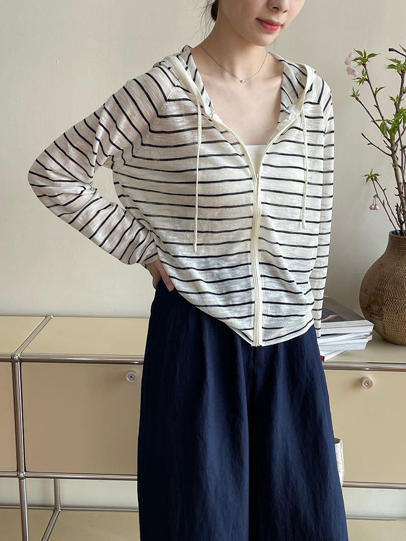 夏季薄款連帽針織開襟衫女慵懶風拉鍊微透防曬上衣