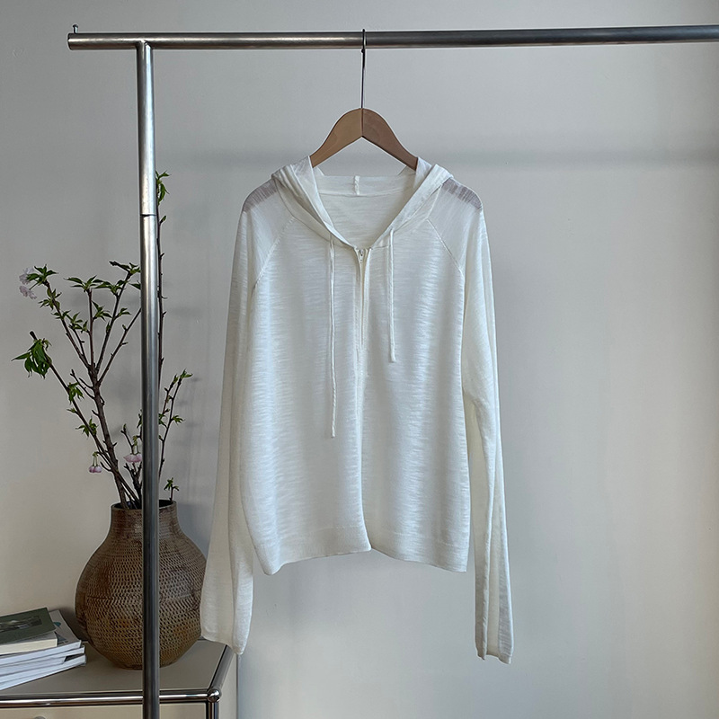 夏季薄款連帽針織開襟衫女慵懶風拉鍊微透防曬上衣