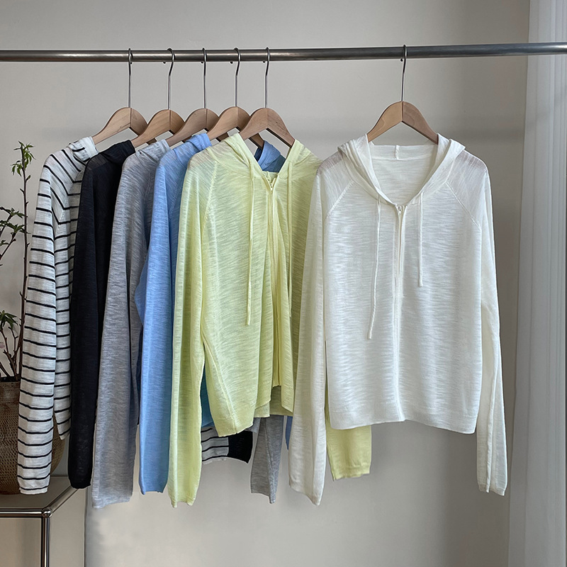 夏季薄款連帽針織開襟衫女慵懶風拉鍊微透防曬上衣