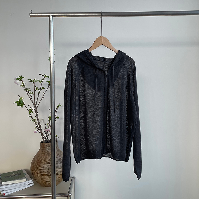 夏季薄款連帽針織開襟衫女慵懶風拉鍊微透防曬上衣