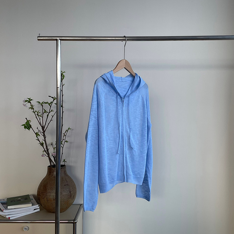 夏季薄款連帽針織開襟衫女慵懶風拉鍊微透防曬上衣