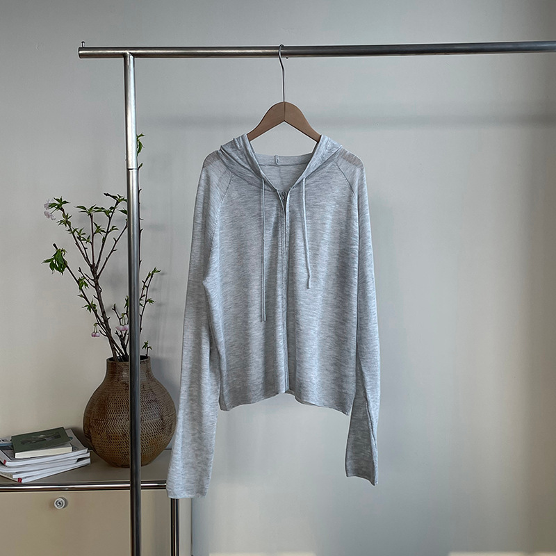 夏季薄款連帽針織開襟衫女慵懶風拉鍊微透防曬上衣