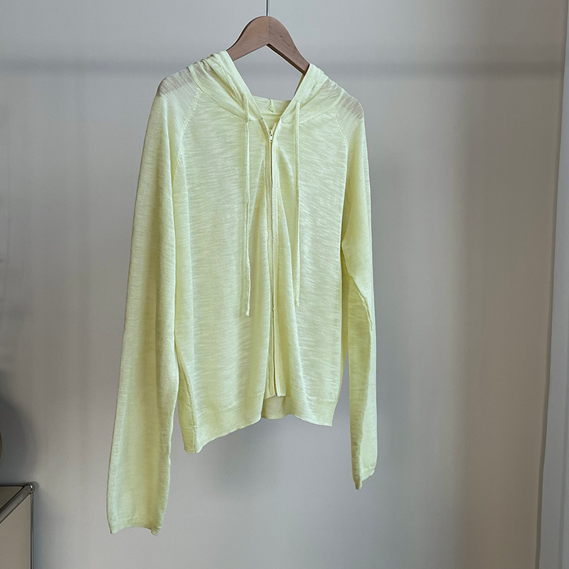 夏季薄款連帽針織開襟衫女慵懶風拉鍊微透防曬上衣