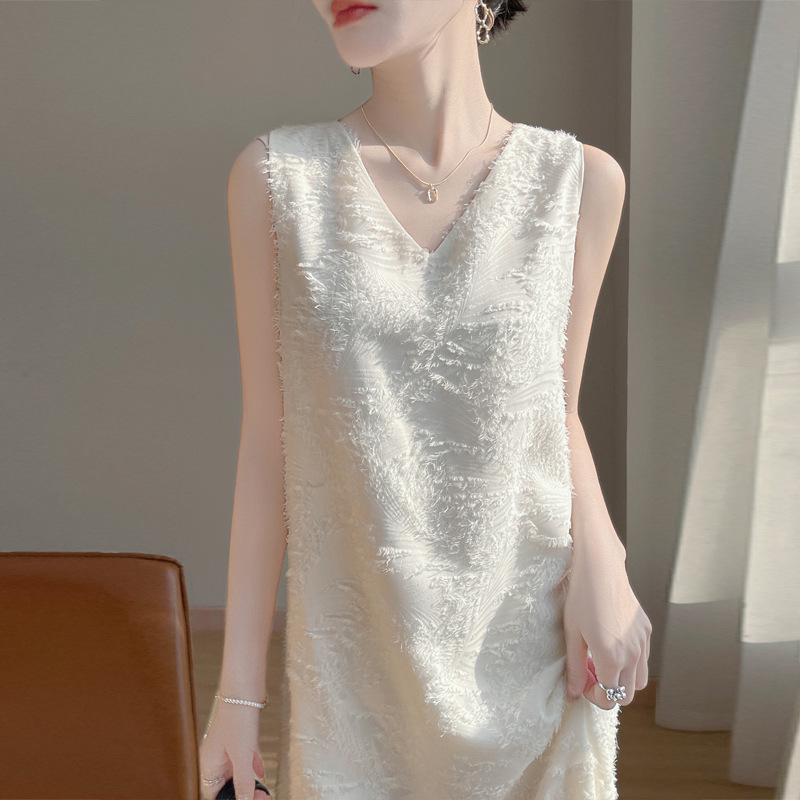 設計感重工薄款流蘇剪花無袖過膝長裙