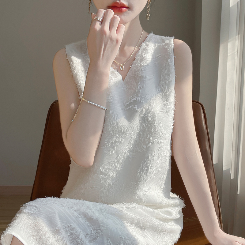 設計感重工薄款流蘇剪花無袖過膝長裙