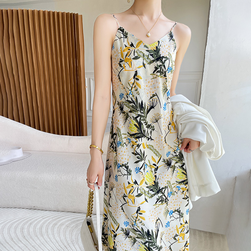 醋酸緞面夏季印花吊帶洋裝（4色）