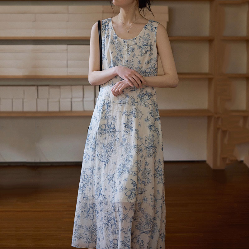 清新百搭手繪印花飄逸無袖背心連身裙