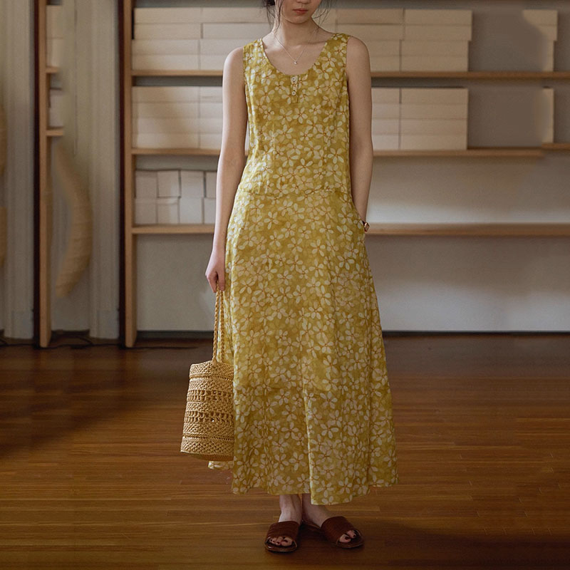 清新百搭手繪印花飄逸無袖背心連身裙