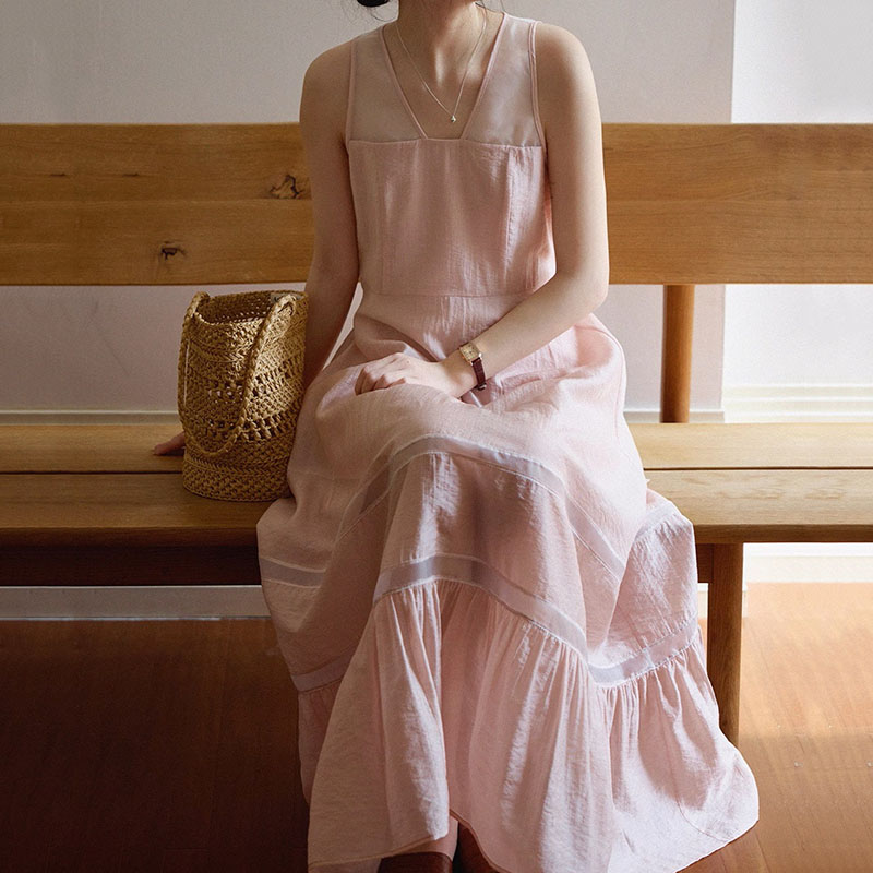 溫柔淑女風收腰鏤空拼接背心大擺洋裝