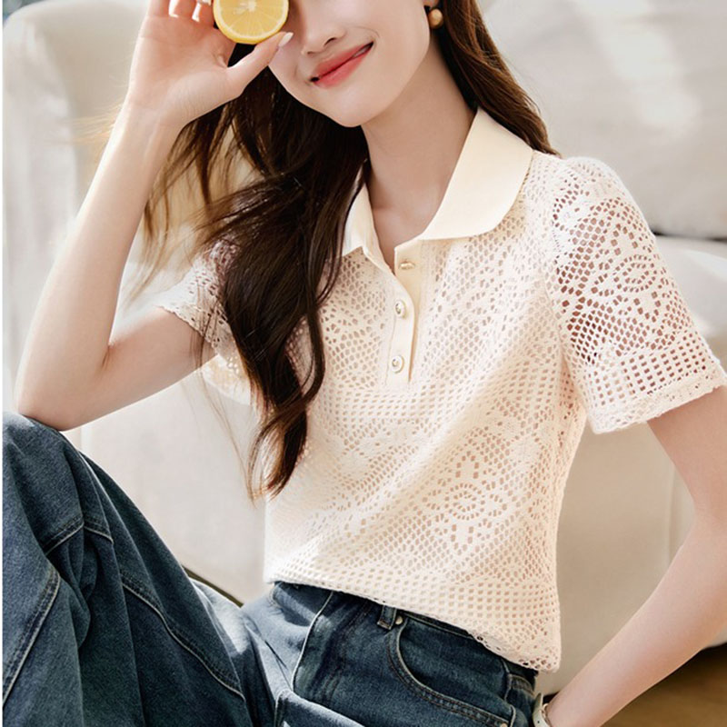 優雅氣質鏤空肌理感蕾絲翻領襯衫