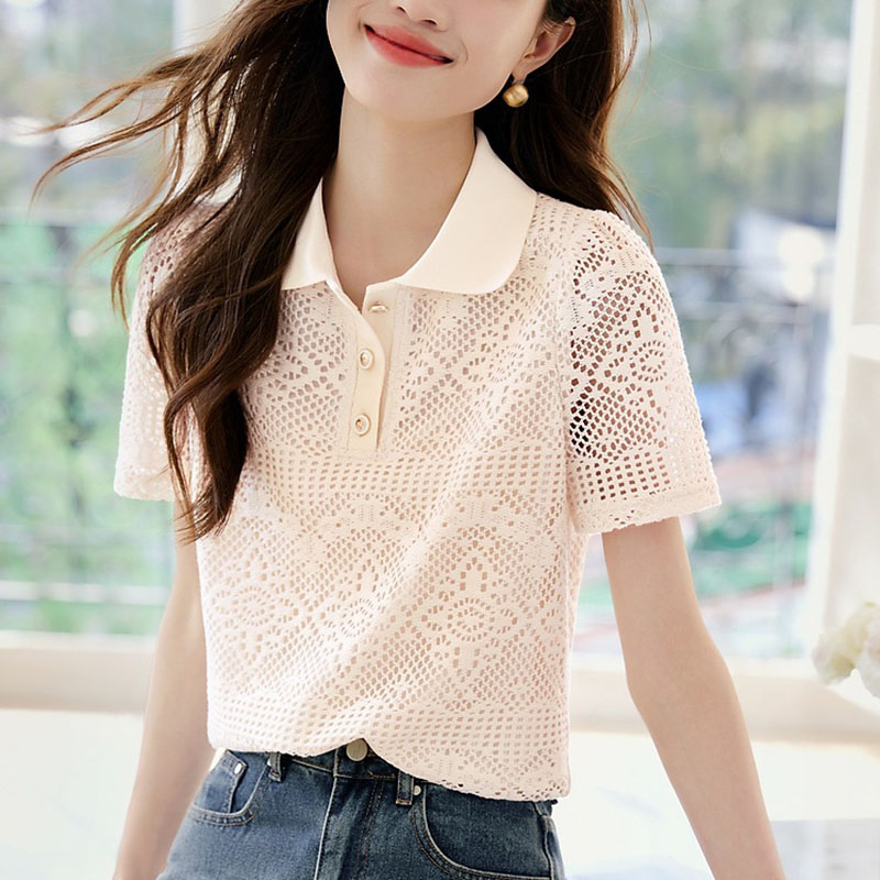 優雅氣質鏤空肌理感蕾絲翻領襯衫