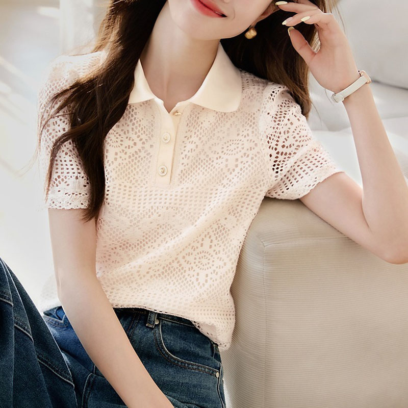 優雅氣質鏤空肌理感蕾絲翻領襯衫
