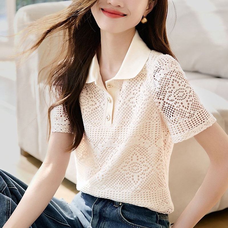 優雅氣質鏤空肌理感蕾絲翻領襯衫
