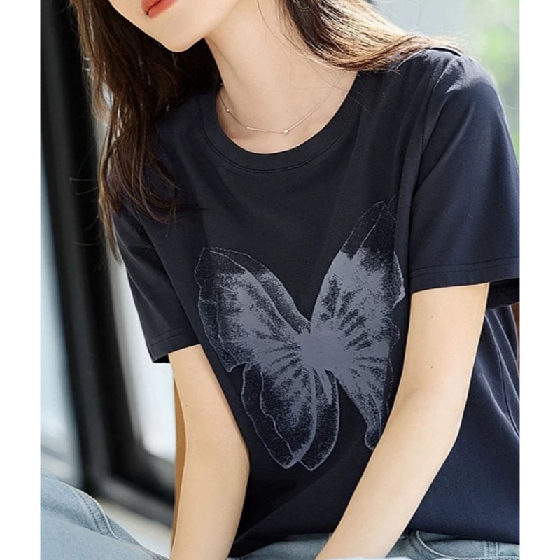 通勤時尚日常百搭漸層蝴蝶印花短袖T卹