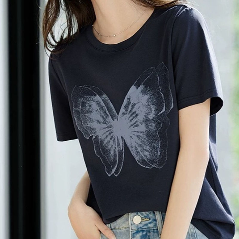 通勤時尚日常百搭漸層蝴蝶印花短袖T卹
