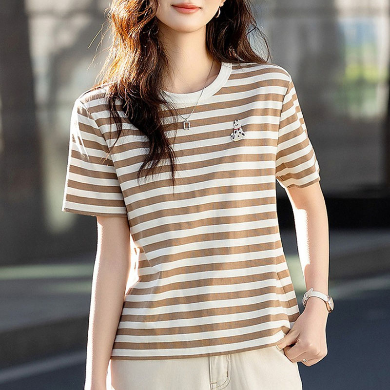 通勤舒適寬鬆休閒小狗刺繡撞色條紋t卹