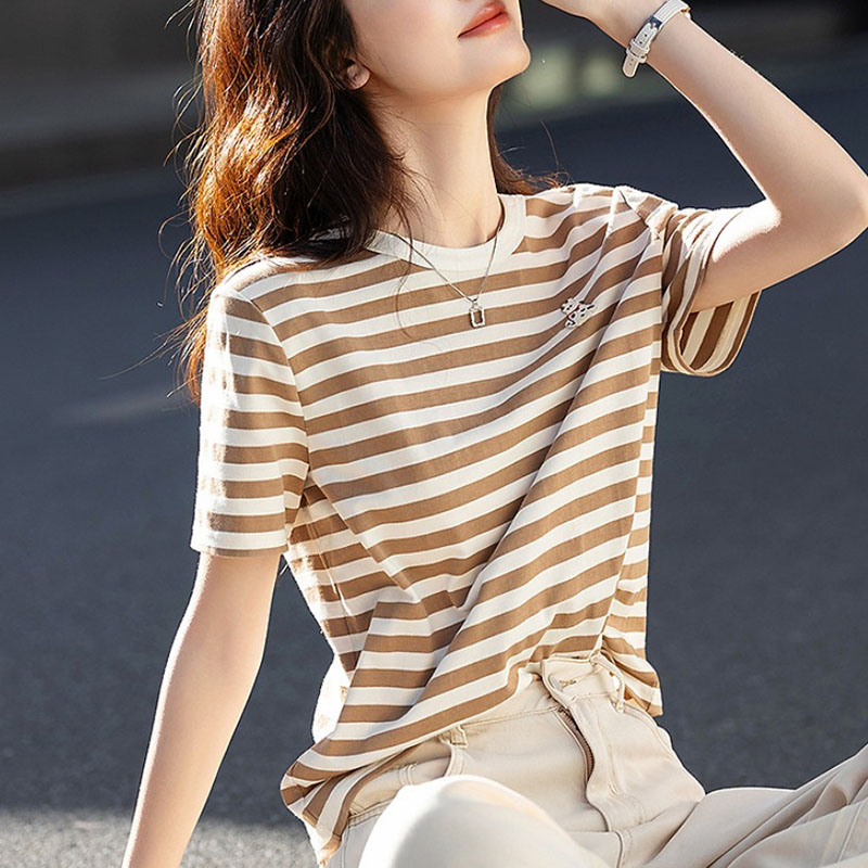 通勤舒適寬鬆休閒小狗刺繡撞色條紋t卹