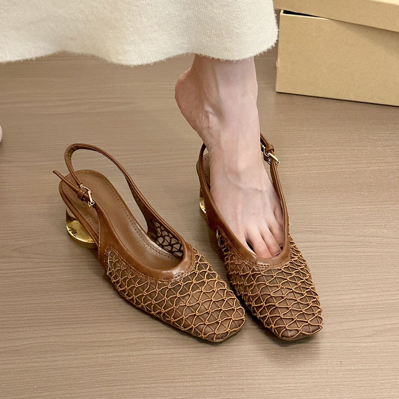 氣質方頭編織包頭水晶跟後空涼鞋