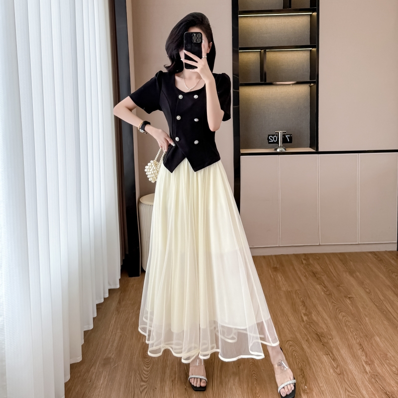 小香風套裝修身氣質上衣+網紗半身裙
