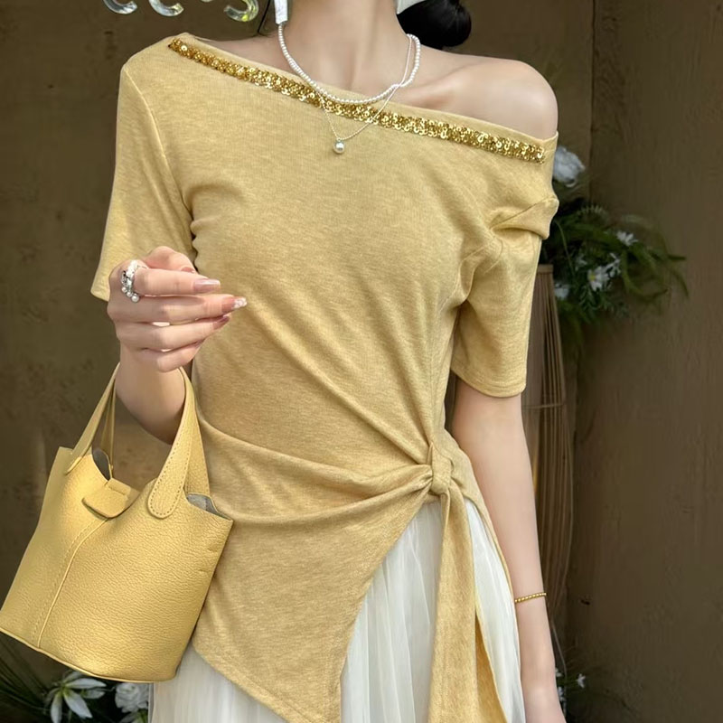 設計感時尚一字肩亮片T卹+淑女網紗公主半身裙套裝