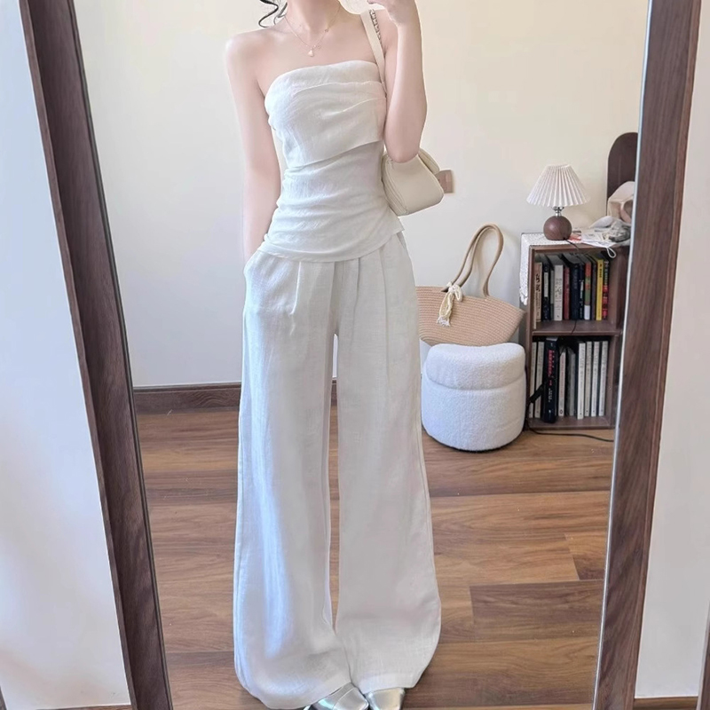 法式氣質時尚套裝抹胸修身上衣+高腰寬鬆寬褲