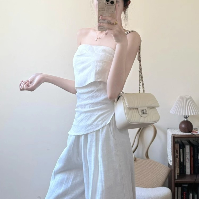 法式氣質時尚套裝抹胸修身上衣+高腰寬鬆寬褲