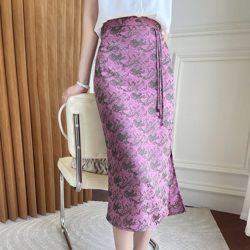 新中式國潮風緞面印花包臀魚尾半身裙（5色）